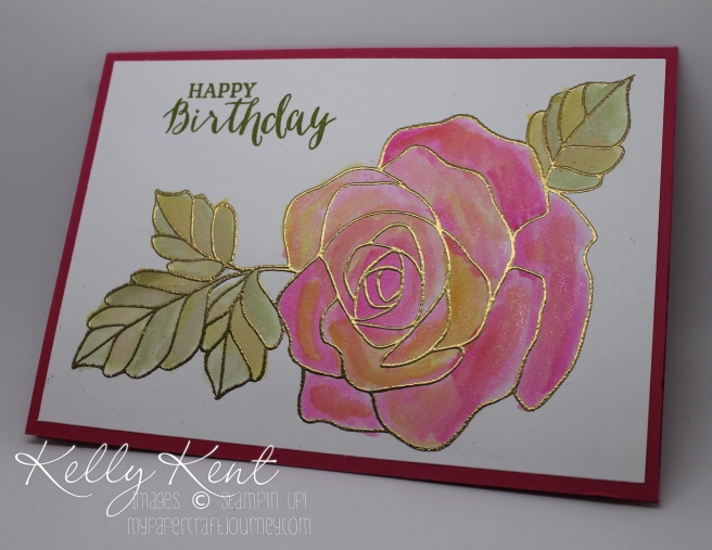 Two-Tone Watercolouring. Rose Wonder stamp set & gold embossing. Kelly Kent - mypapercraftjourney.com.
