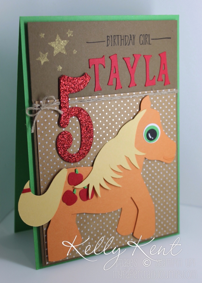 My Little Pony - Applejack birthday card. Silhouette pony design, Celestia font & Stampin' Up! cardstock & specialty papers. Kelly Kent - mypapercraftjourney.com.